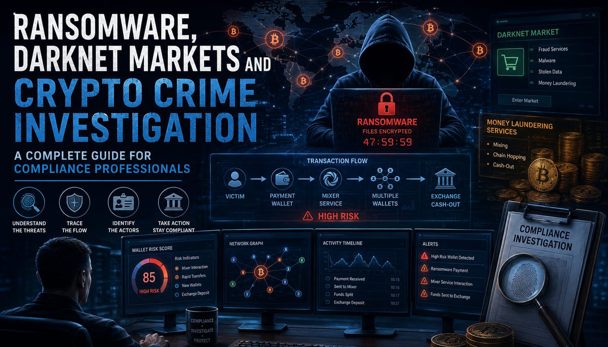 sharper, high-quality version with clearer text, stronger ransomware and darknet investigation visuals, and more detailed compliance dashboards.