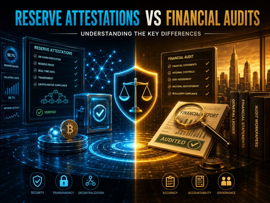 Reserve attestations and financial audits compared through verified crypto reserves, blockchain checks, financial statements, audit evidence and an independent auditor’s opinion.