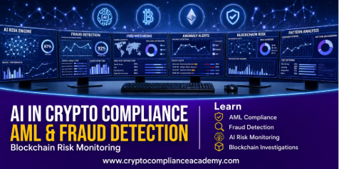 AI in crypto compliance course showing AML and fraud detection dashboards, blockchain risk monitoring, anomaly alerts, AI risk scoring and crypto investigation analytics.