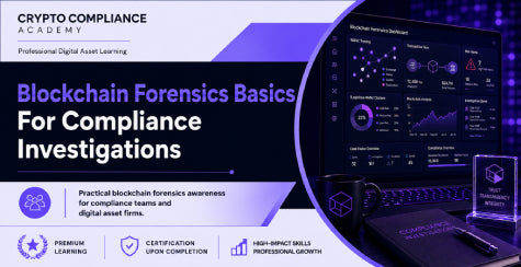 Blockchain Forensics Basics for Compliance Investigations course image showing crypto transaction tracing, blockchain risk analytics and digital asset investigation dashboard.