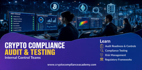 Crypto compliance audit and testing for internal control teams course showing audit readiness dashboards, compliance testing, risk management controls and regulatory framework monitoring.