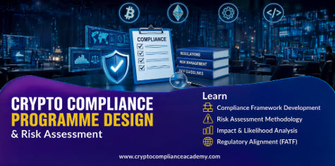 Crypto compliance programme design and risk assessment course showing compliance frameworks, risk assessment methodology, policy controls, governance and regulatory alignment dashboards.