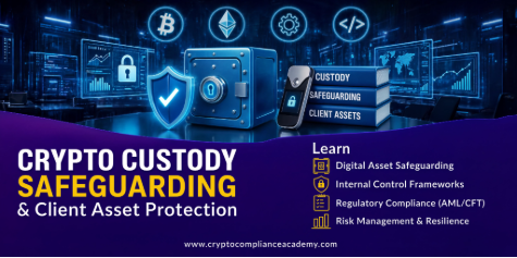 Crypto custody, safeguarding and client asset protection course showing digital asset vault security, internal controls, regulatory compliance, risk management and client asset protection.