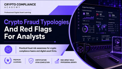 Crypto Fraud Typologies and Red Flags for Analysts course image showing fraud risk alerts, crypto compliance dashboard, blockchain monitoring and digital asset investigation visuals.