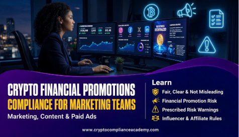 Cryptoasset financial promotions compliance for marketing teams course showing digital asset marketing dashboards, financial promotion risk alerts, prescribed risk warnings and compliance review controls.