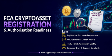 Promotional graphic for FCA Cryptoasset Registration & Authorisation Readiness, featuring a dark blue background with white and purple text, cryptocurrency coins, a clipboard labeled registration checklist, and a list of learning topics including AML & Financial Crime Controls, MLRO Role & Application Quality, and Consumer Duty & Conduct Standards.