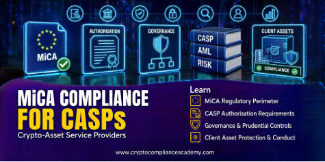 MiCA compliance for CASPs course showing EU crypto regulation, CASP authorisation, governance controls, AML risk management and client asset protection.