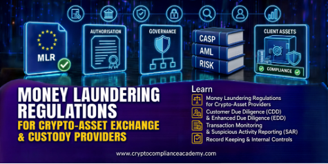 Money Laundering Regulations for cryptoasset exchange and custody providers course showing MLR compliance, CDD, EDD, suspicious activity reporting and internal control dashboards.