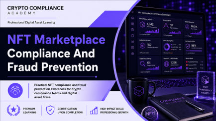 NFT Marketplace Compliance and Fraud Prevention course image showing NFT risk monitoring, crypto compliance dashboard, fraud detection analytics and digital asset marketplace security vi