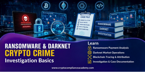 Ransomware and darknet crypto crime investigation basics course showing ransomware payment analysis, darknet market operations, blockchain tracing, attribution and case documentation.