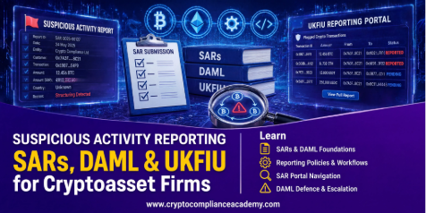SARs, DAML and UKFIU reporting for cryptoasset firms course showing suspicious activity reports, SAR submission, DAML defence, UKFIU portal and crypto compliance dashboards.