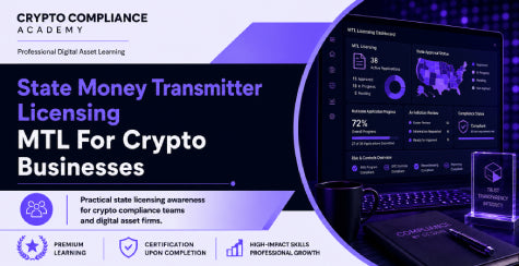 State Money Transmitter Licensing MTL for Crypto Businesses course image showing a crypto compliance dashboard, state licensing risk visuals, blockchain monitoring graphics and professional digital asset compliance icons.