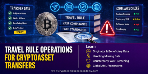 Travel Rule operations for cryptoasset transfers course showing originator and beneficiary data checks, missing data handling, counterparty VASP screening and global AML frameworks.